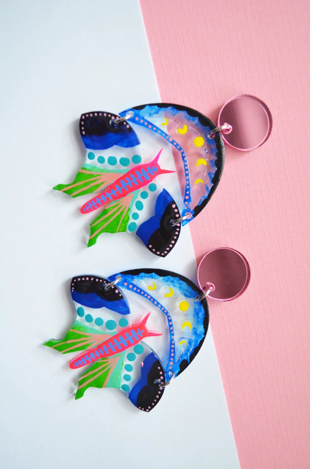 BooandBooFactory Moth and Moon øredobber blå rosa
