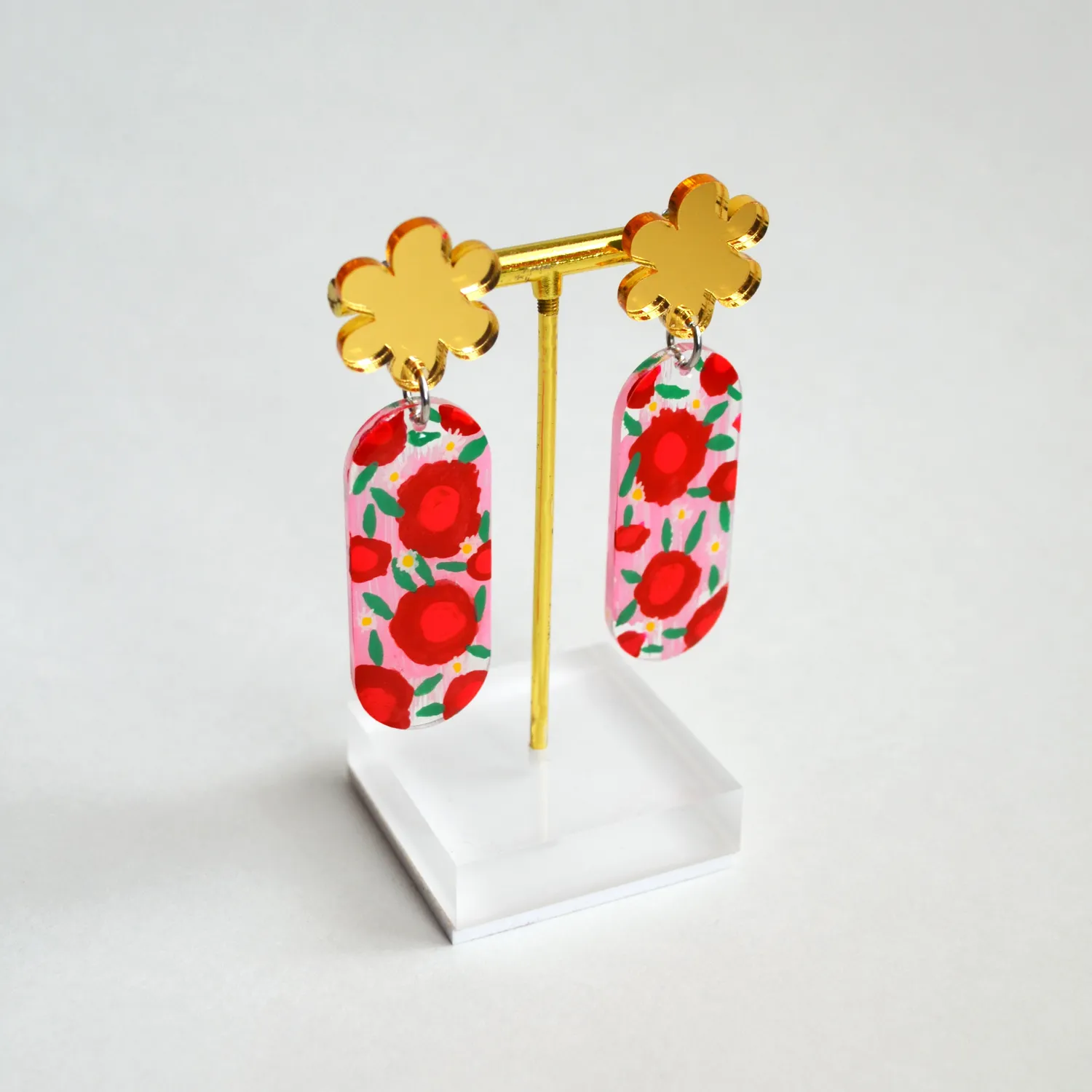 BooandBooFactory Pink Red Flower ovale øredobber rosa gull