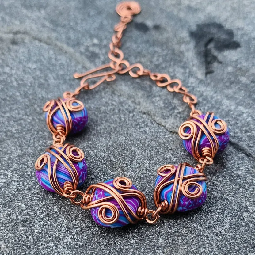 Kunstnerbonden armbånd kobber lilla turkis