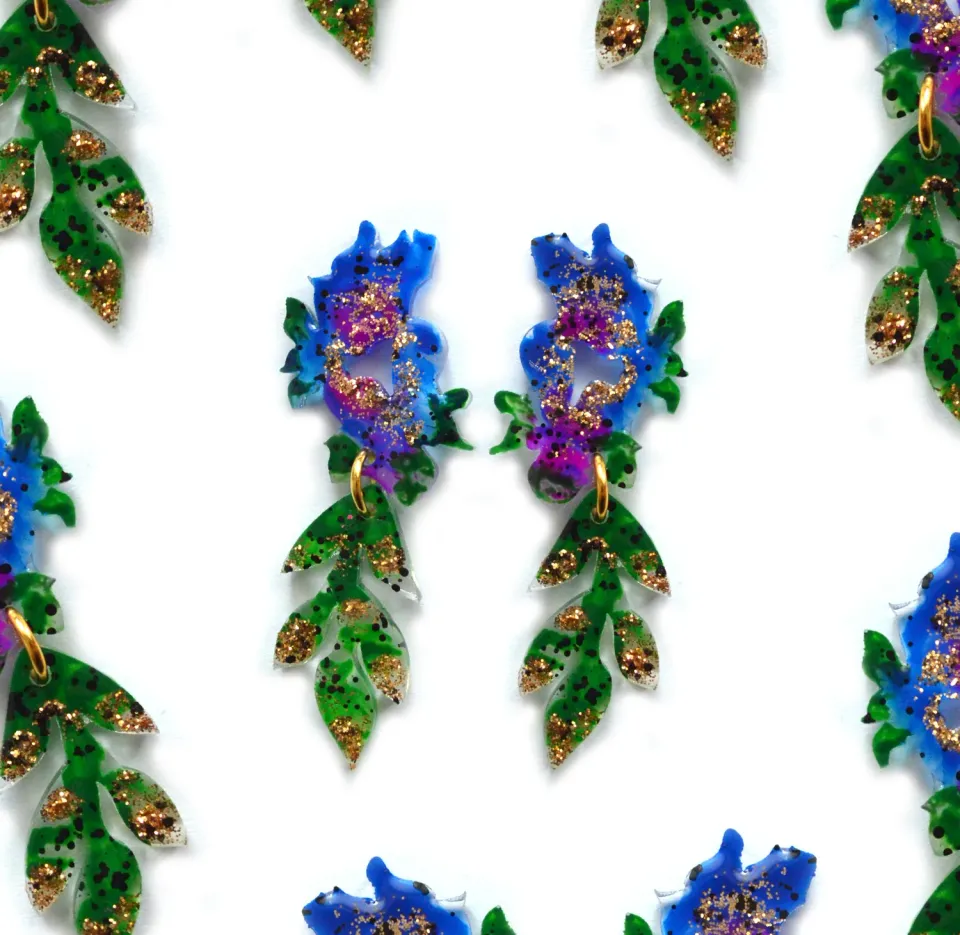 BooandBooFactory Blue Green Floral øredobber dråpe