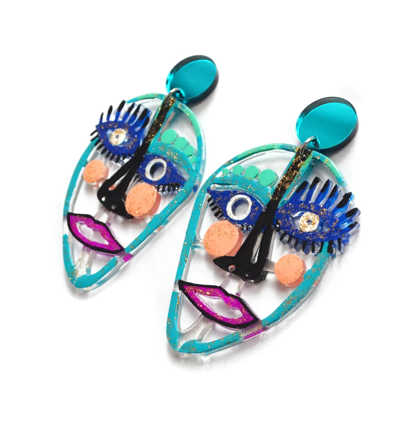 BooandBooFactory Turquoise Blue Face akryl øredobber ansikt