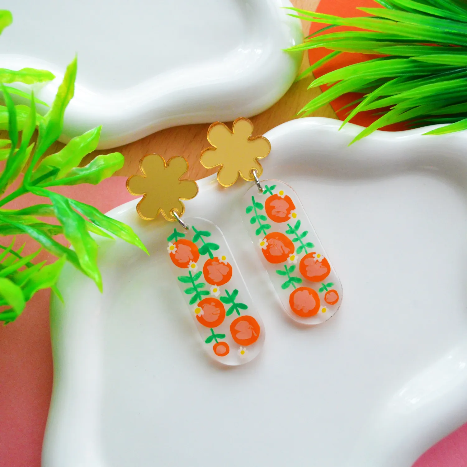 BooandBooFactory Orange Blossom Flower Oval øredobber oransje