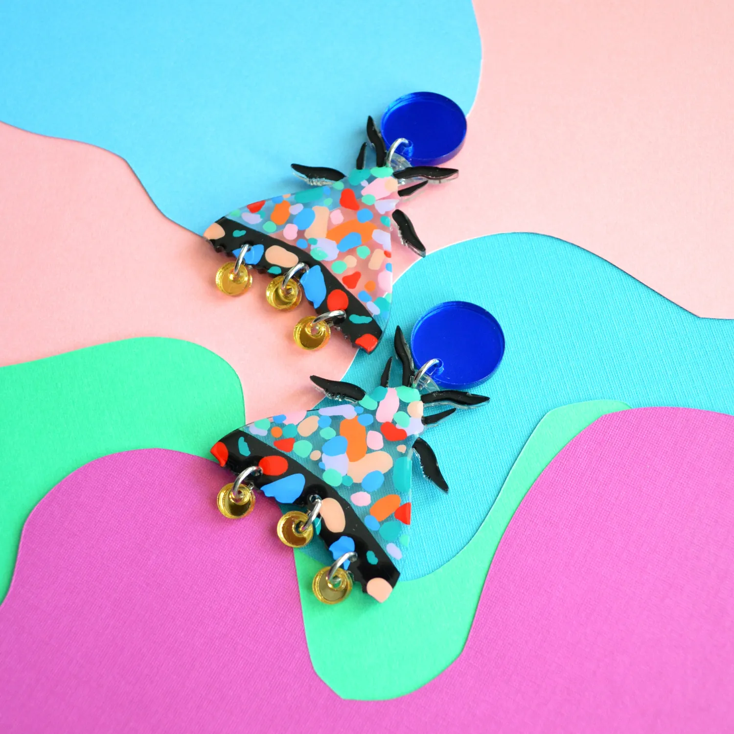 BooandBooFactory Terrazzo Painted Pattern Moth Butterfly Dangle øredobber