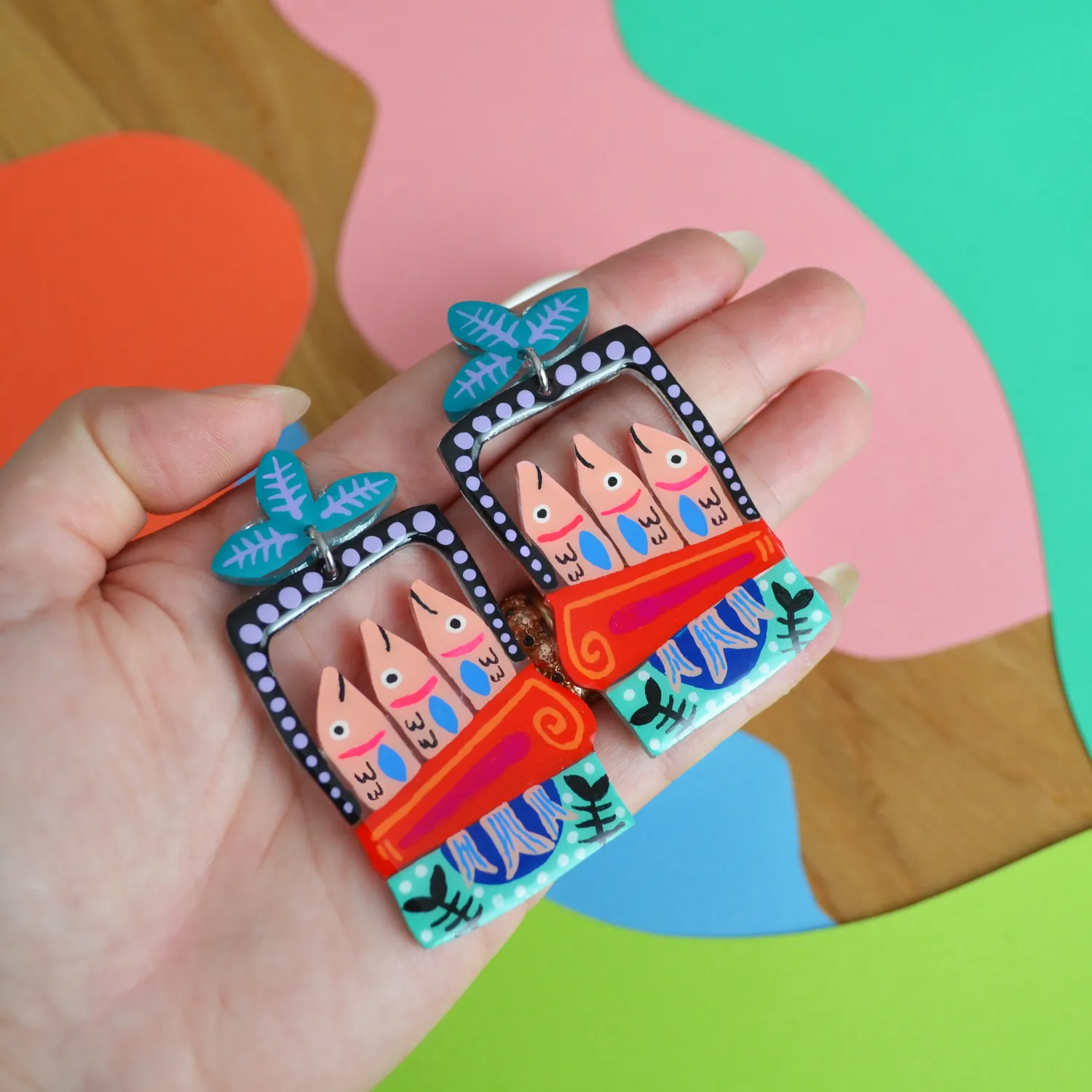 BooandBooFactory Sardine Tin øredobber fisk turkis rød