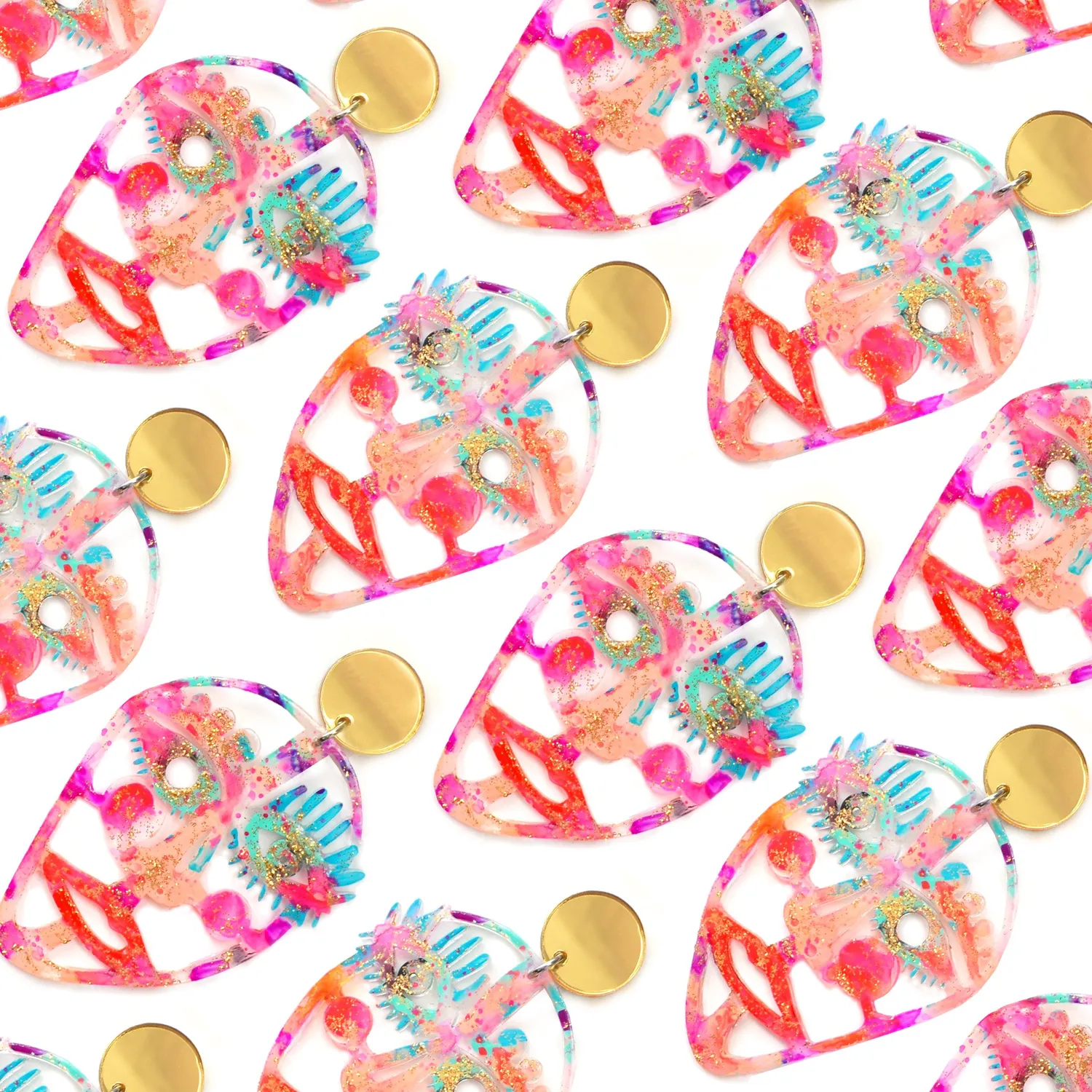 BooandBooFactory Gold Hot Pink Face øredobber 1 par abstrakt