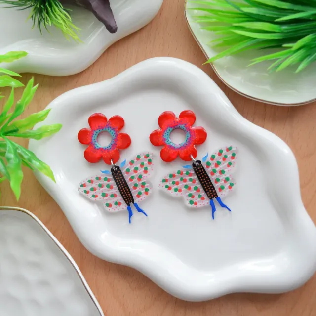 BooandBooFactory Red Butterfly and Flower stud-øredobber