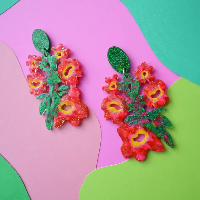 BooandBooFactory Pink Green Flower statement øredobber