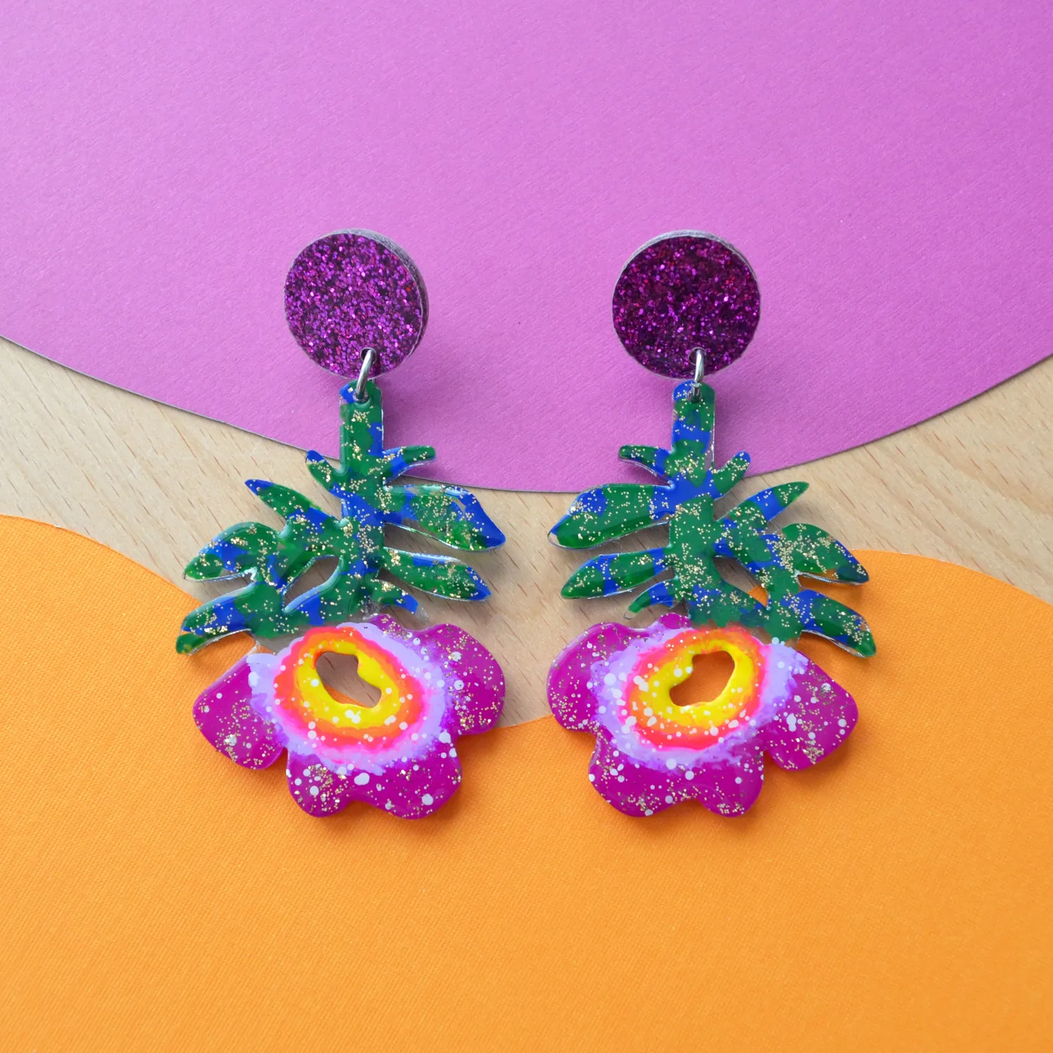 BooandBooFactory Purple Flower Resin Glitter akryl øredobber lilla