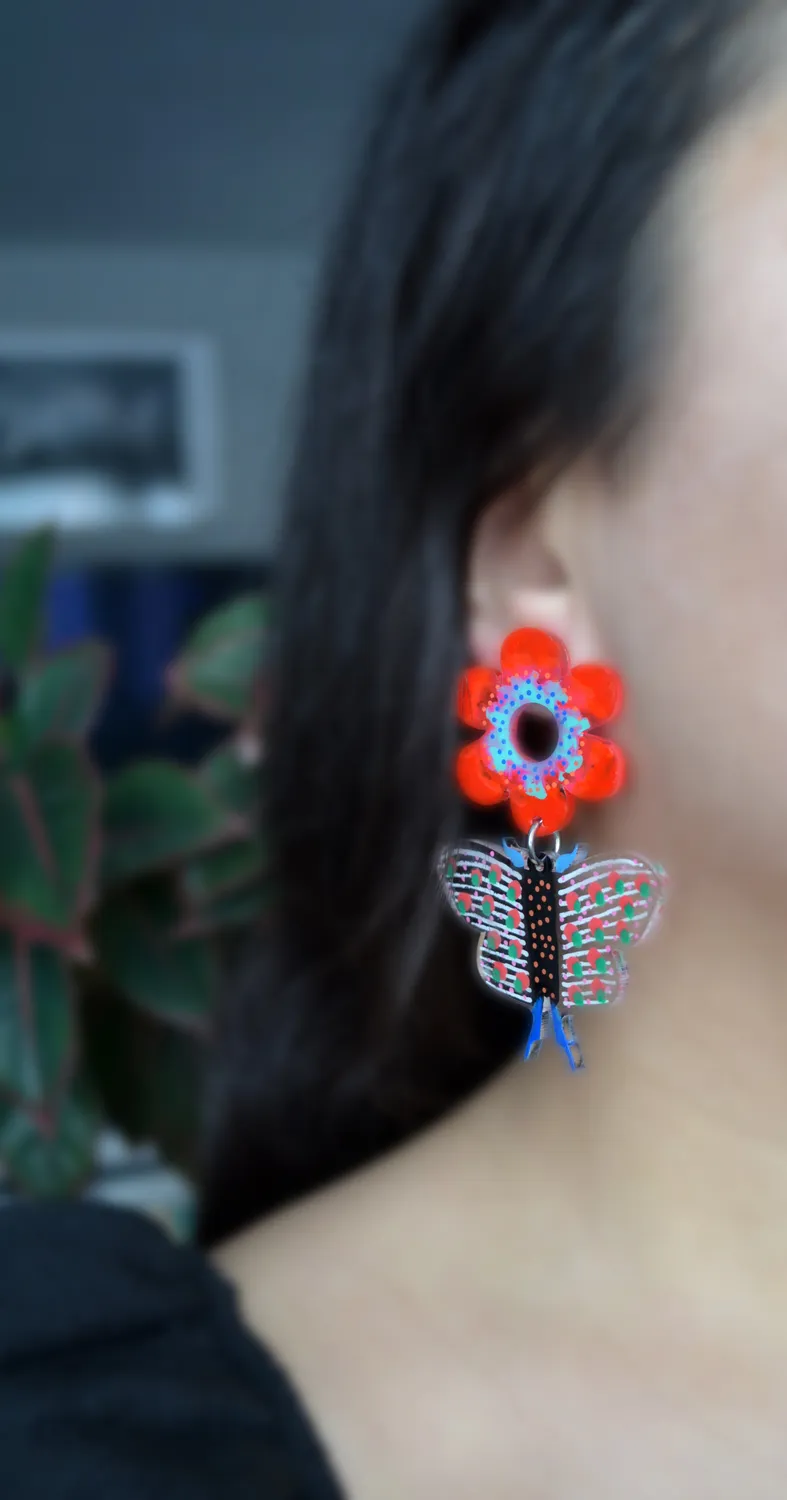 BooandBooFactory Red Butterfly and Flower stud-øredobber