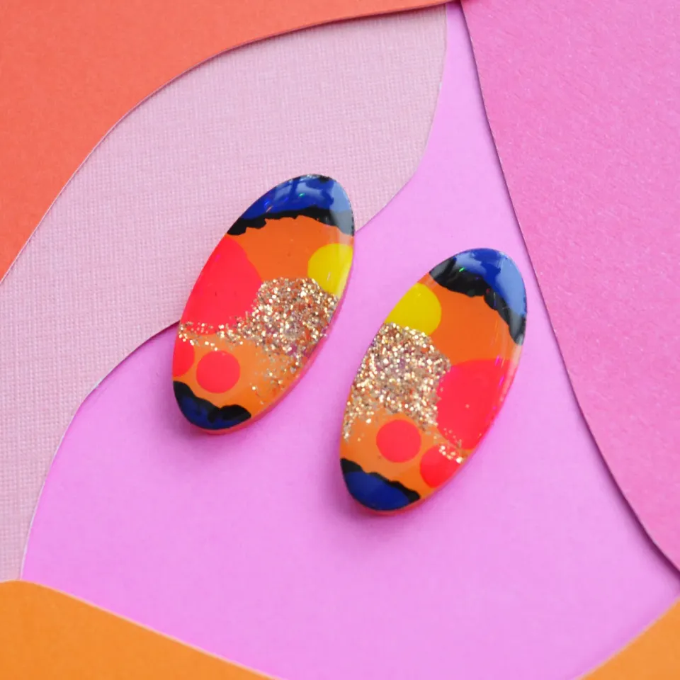 BooandBooFactory Orange Pink Abstract Oval øredobber studs