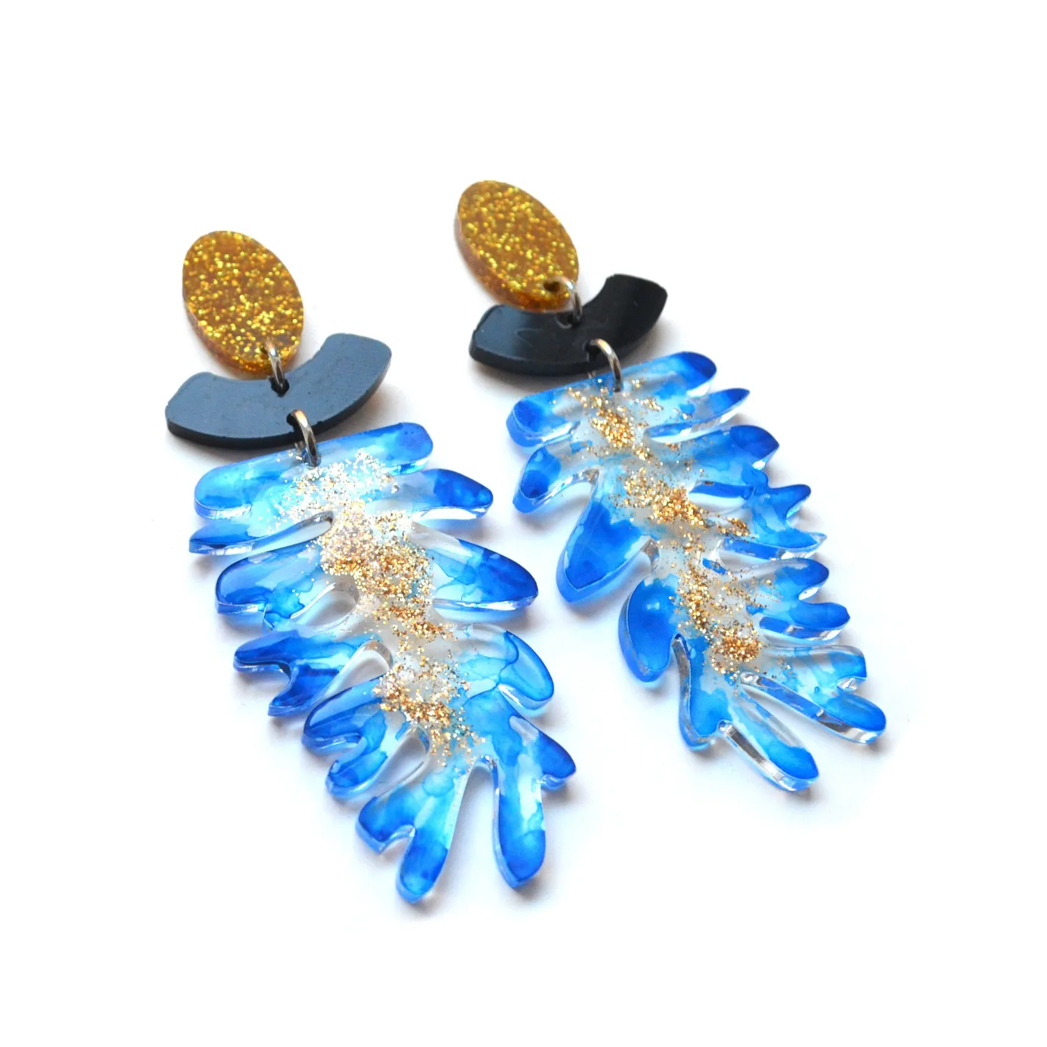 BooandBooFactory Blue Seaweed Leaf øredobber blå gullglitter