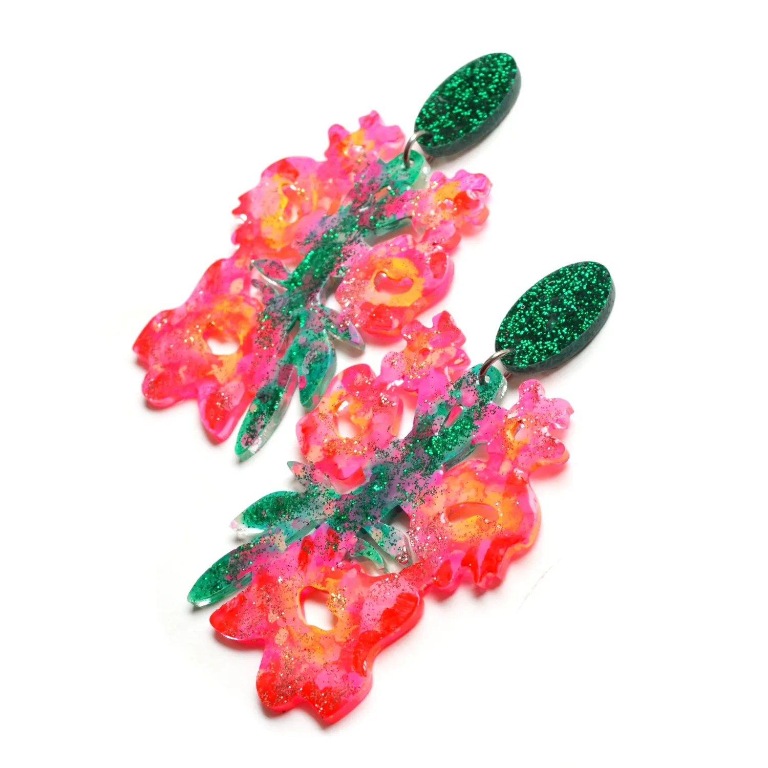 BooandBooFactory Pink Green Flower statement øredobber