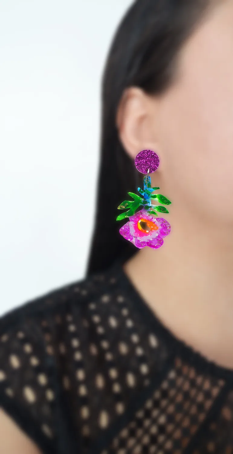 BooandBooFactory Purple Flower Resin Glitter akryl øredobber lilla