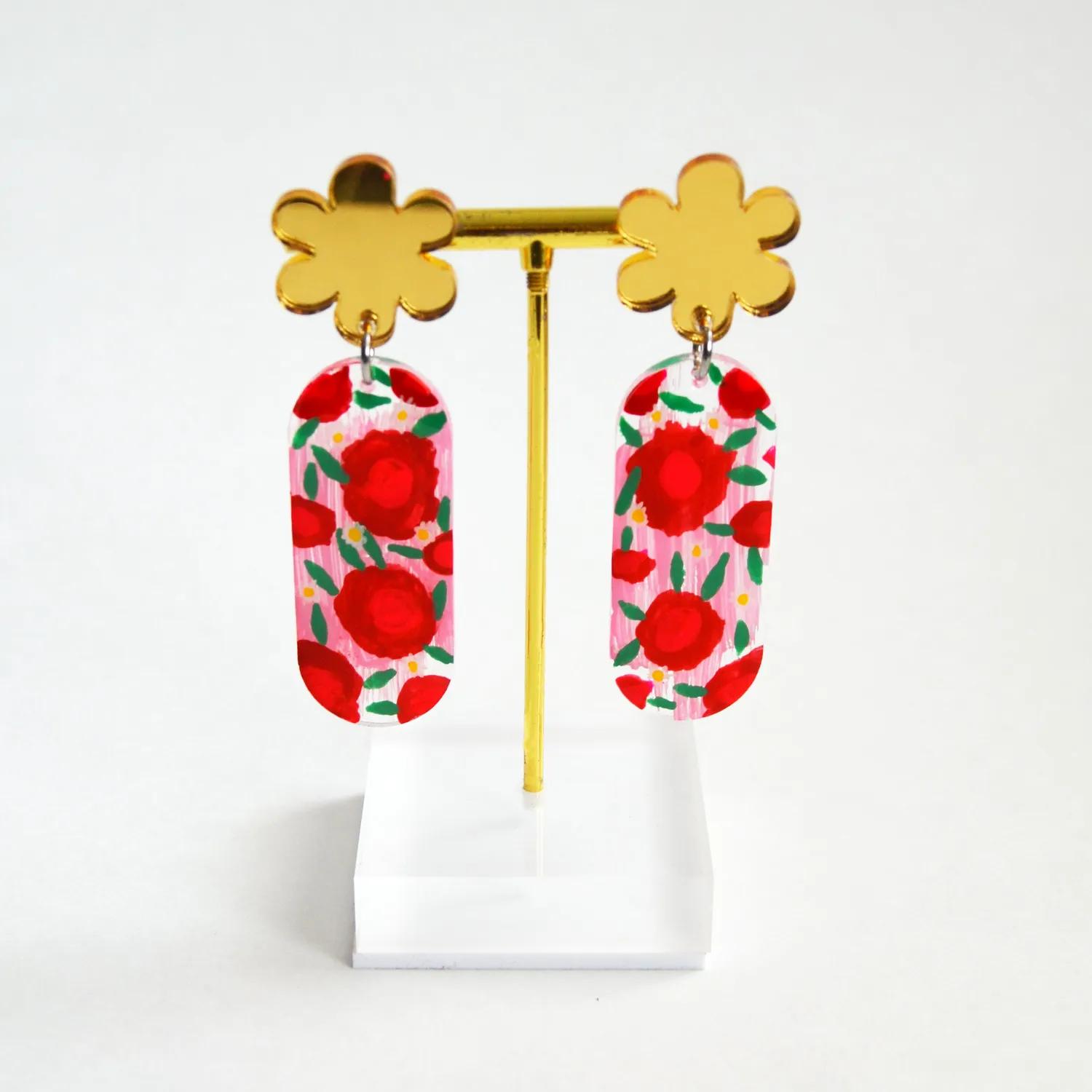 BooandBooFactory Pink Red Flower ovale øredobber rosa gull