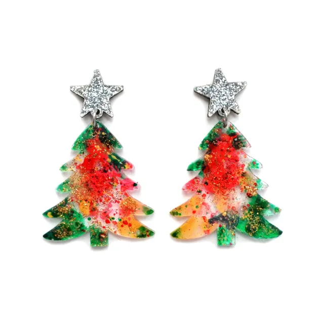 BooandBooFactory Holiday Tree øredobber rød grønn akryl