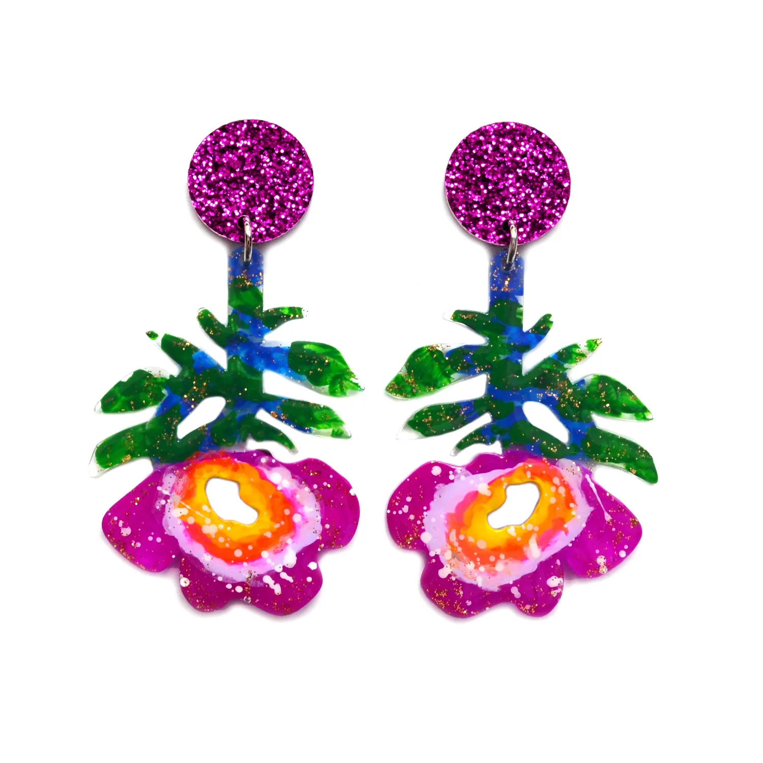 BooandBooFactory Purple Flower Resin Glitter akryl øredobber lilla