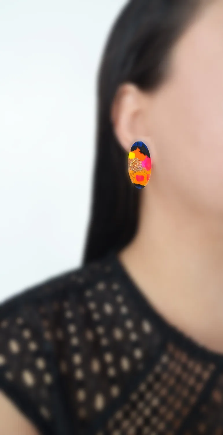 BooandBooFactory Orange Pink Abstract Oval øredobber studs