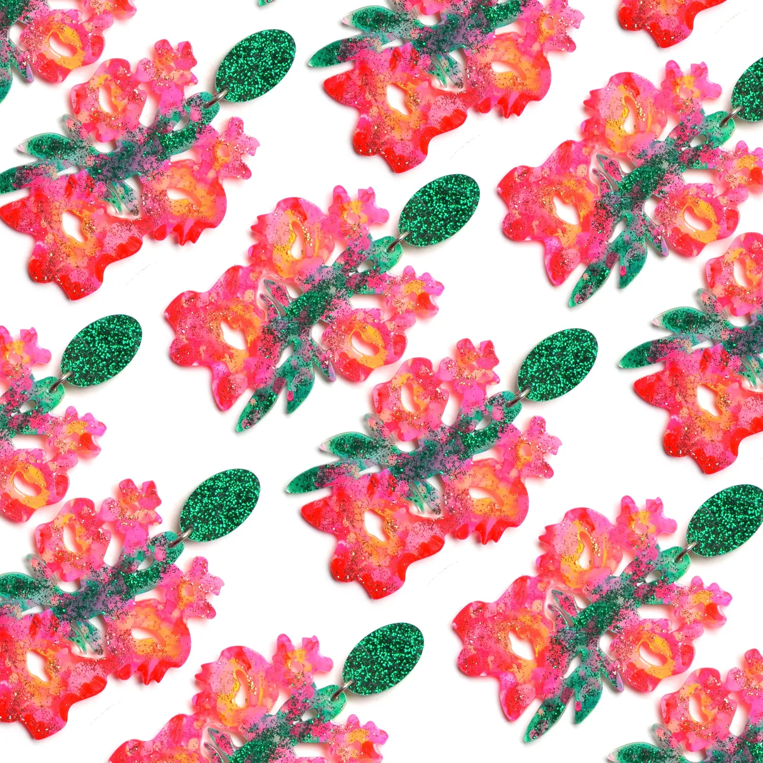 BooandBooFactory Pink Green Flower statement øredobber