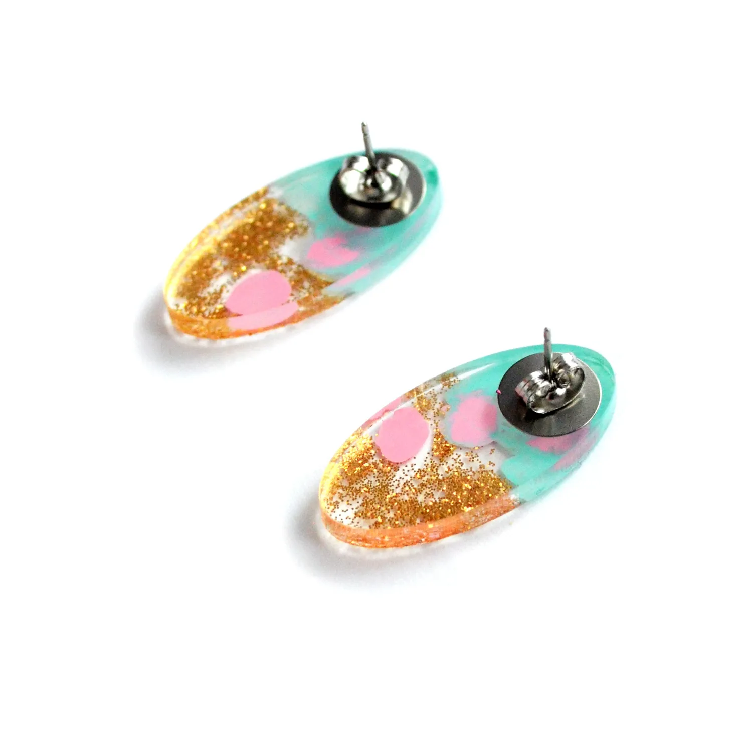 BooandBooFactory Mint and Pink with Gold Glitter Oval øredobber mint