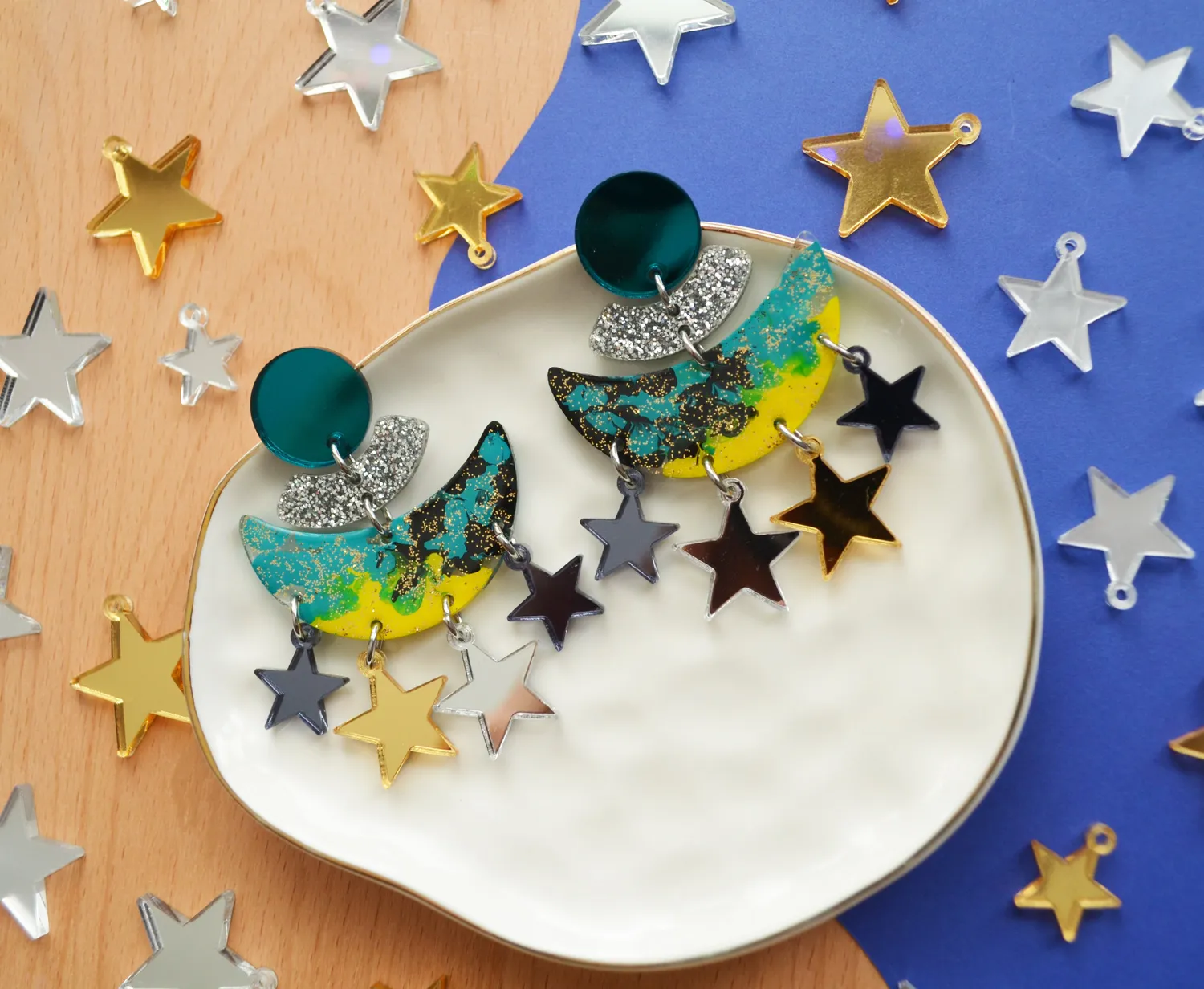 BooandBooFactory Turquoise Half Moon øredobber stjerner