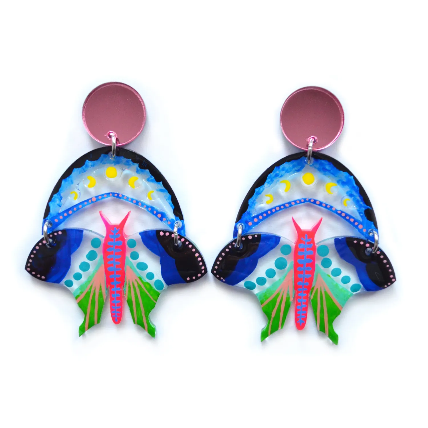 BooandBooFactory Moth and Moon øredobber blå rosa