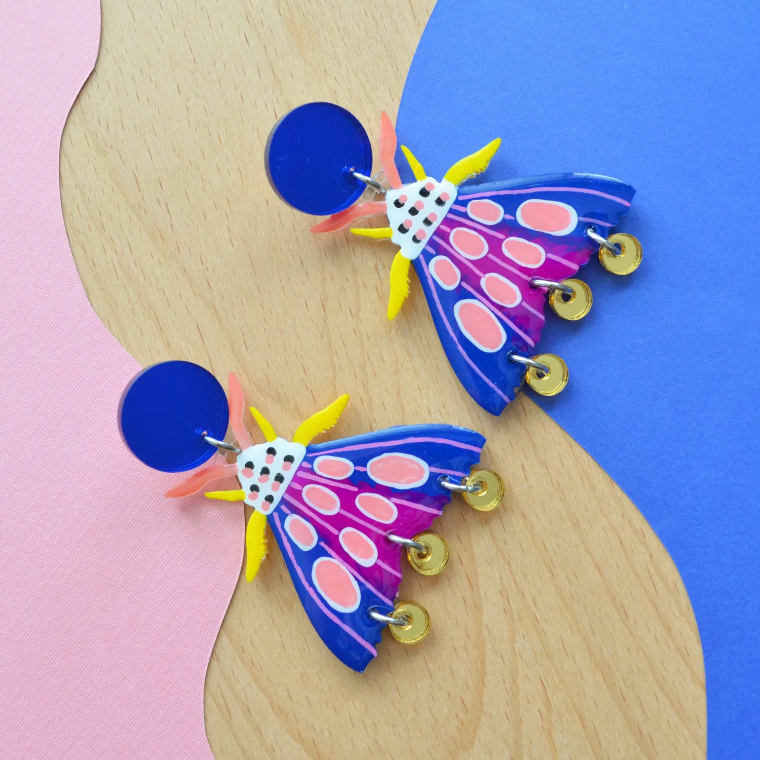 BooandBooFactory Blue Geometric Moth øredobber