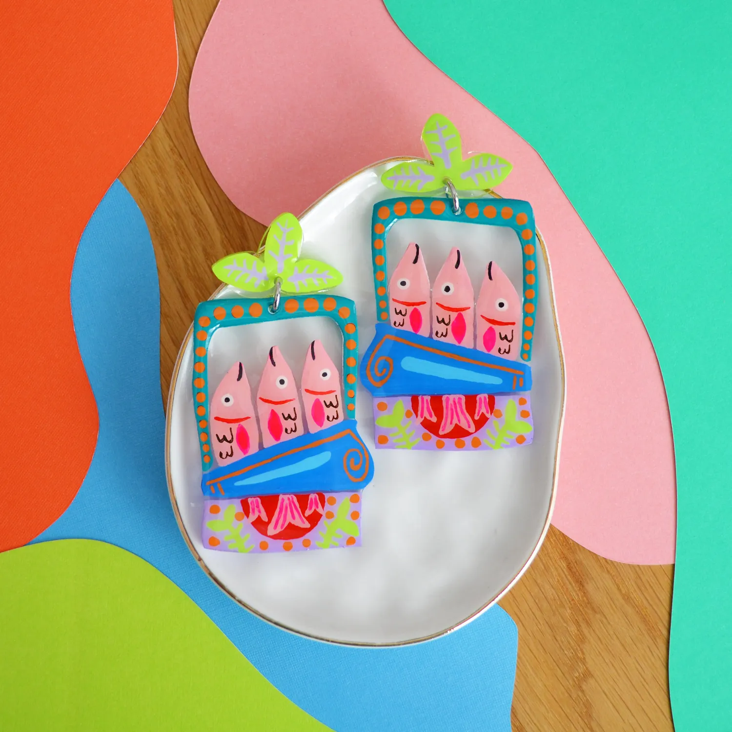 BooandBooFactory Pink Sardine Tin Fish øredobber blå grønn