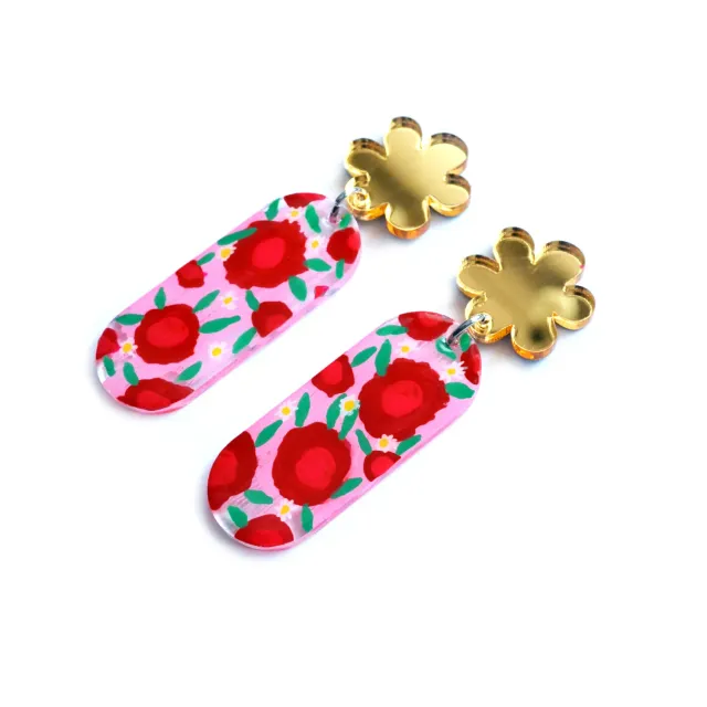 BooandBooFactory Pink Red Flower ovale øredobber rosa gull