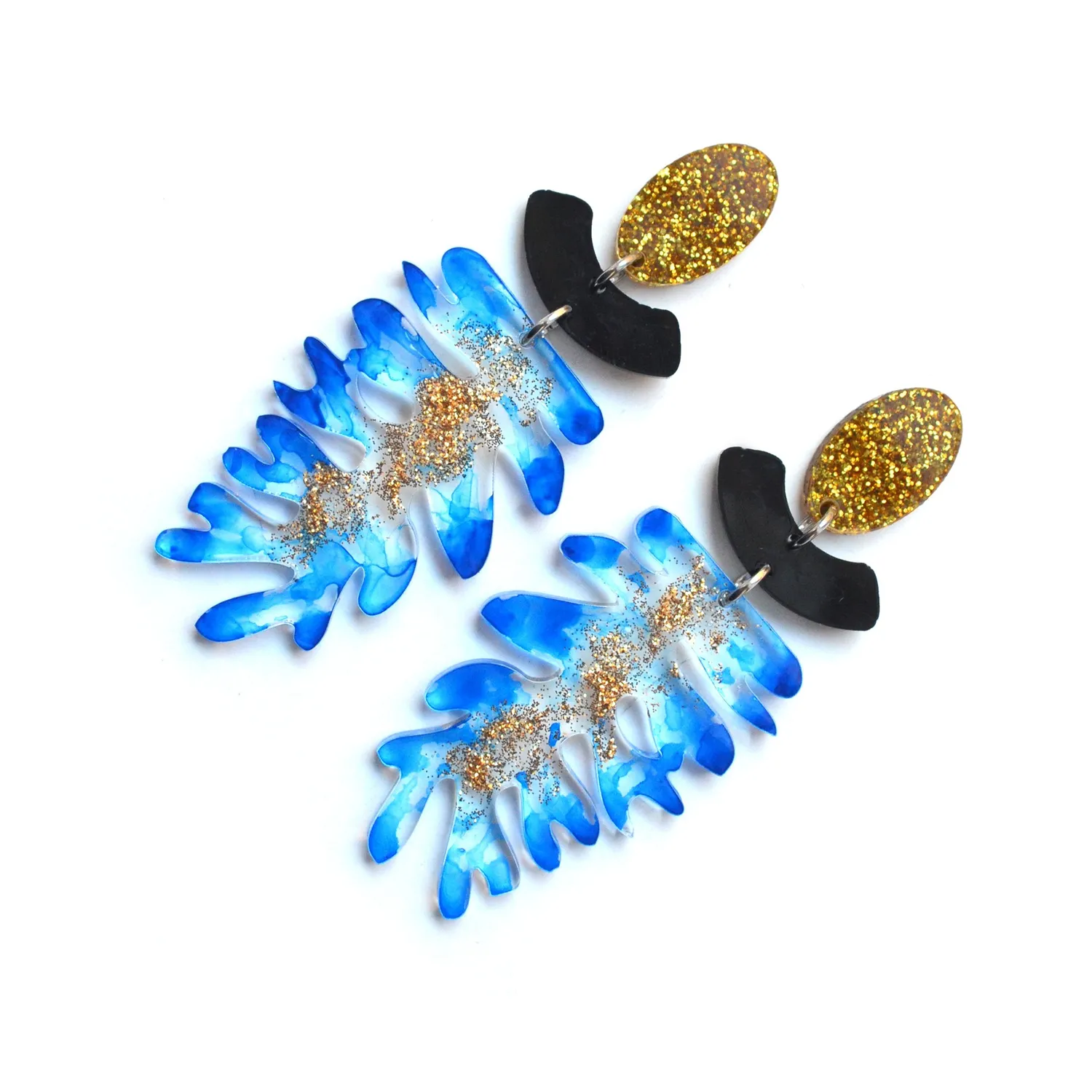 BooandBooFactory Blue Seaweed Leaf øredobber blå gullglitter