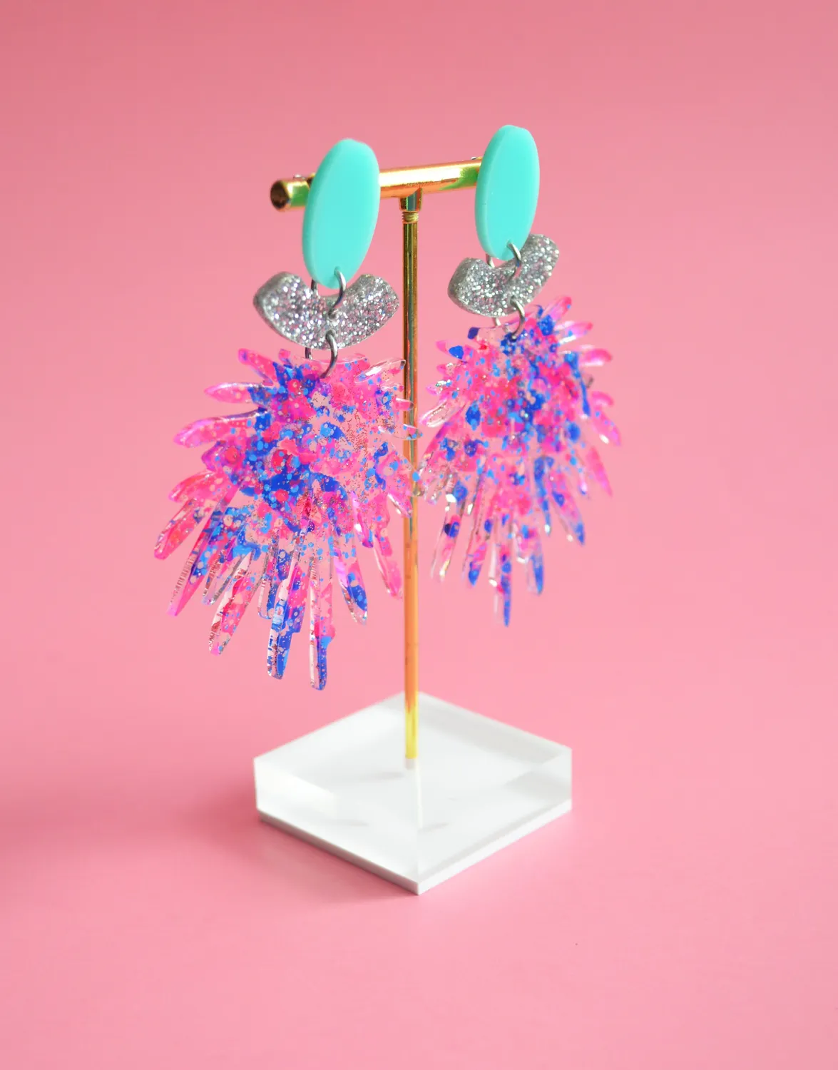 BooandBooFactory Pink Pom Pom Dangle øredobber glitter