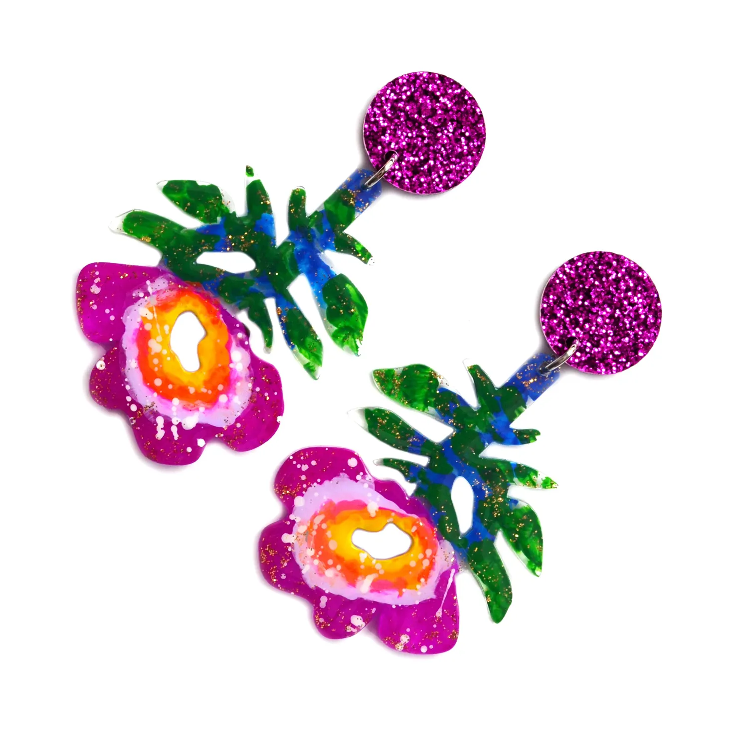 BooandBooFactory Purple Flower Resin Glitter akryl øredobber lilla