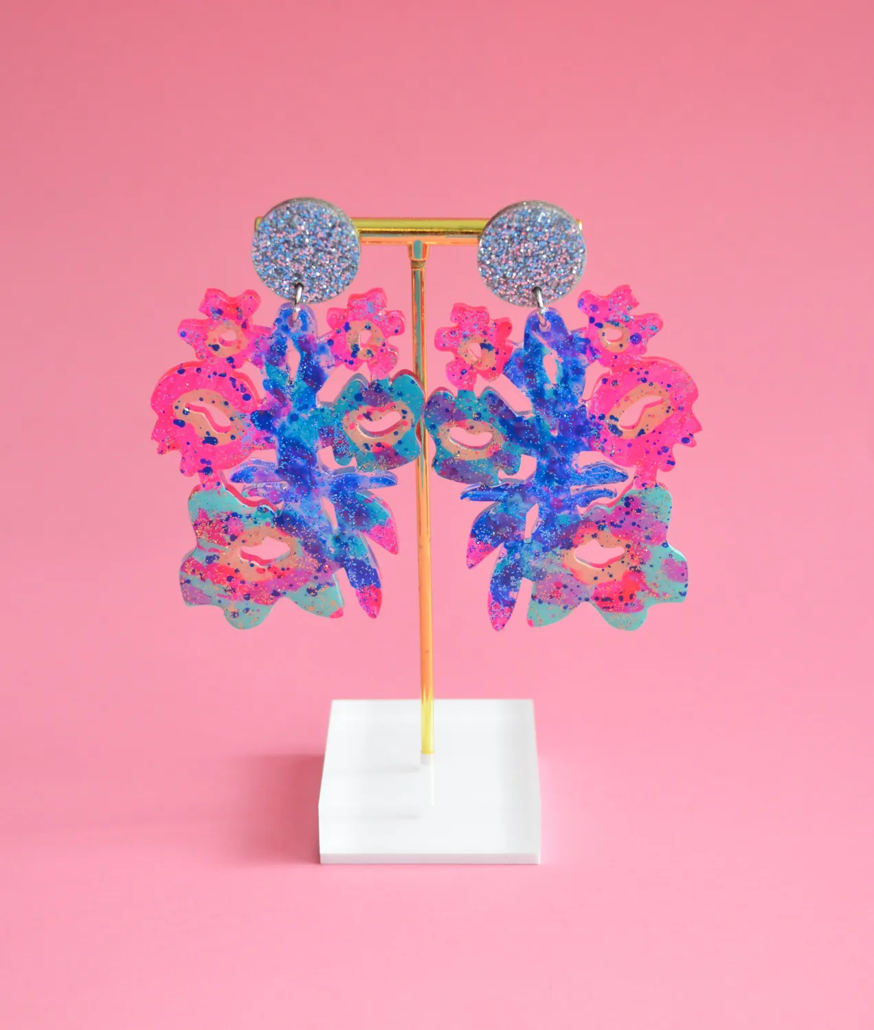 BooandBooFactory Pink Blue Flower øredobber glitter