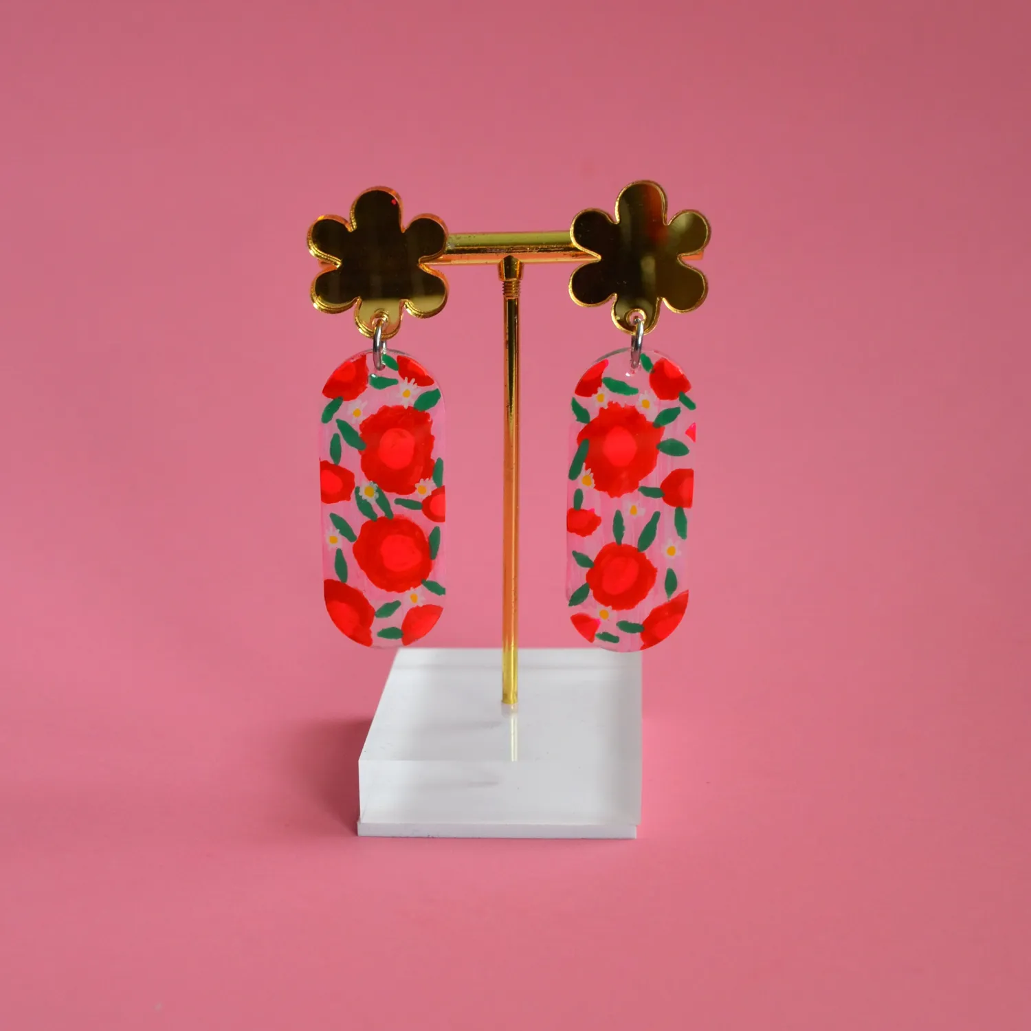 BooandBooFactory Pink Red Flower ovale øredobber rosa gull