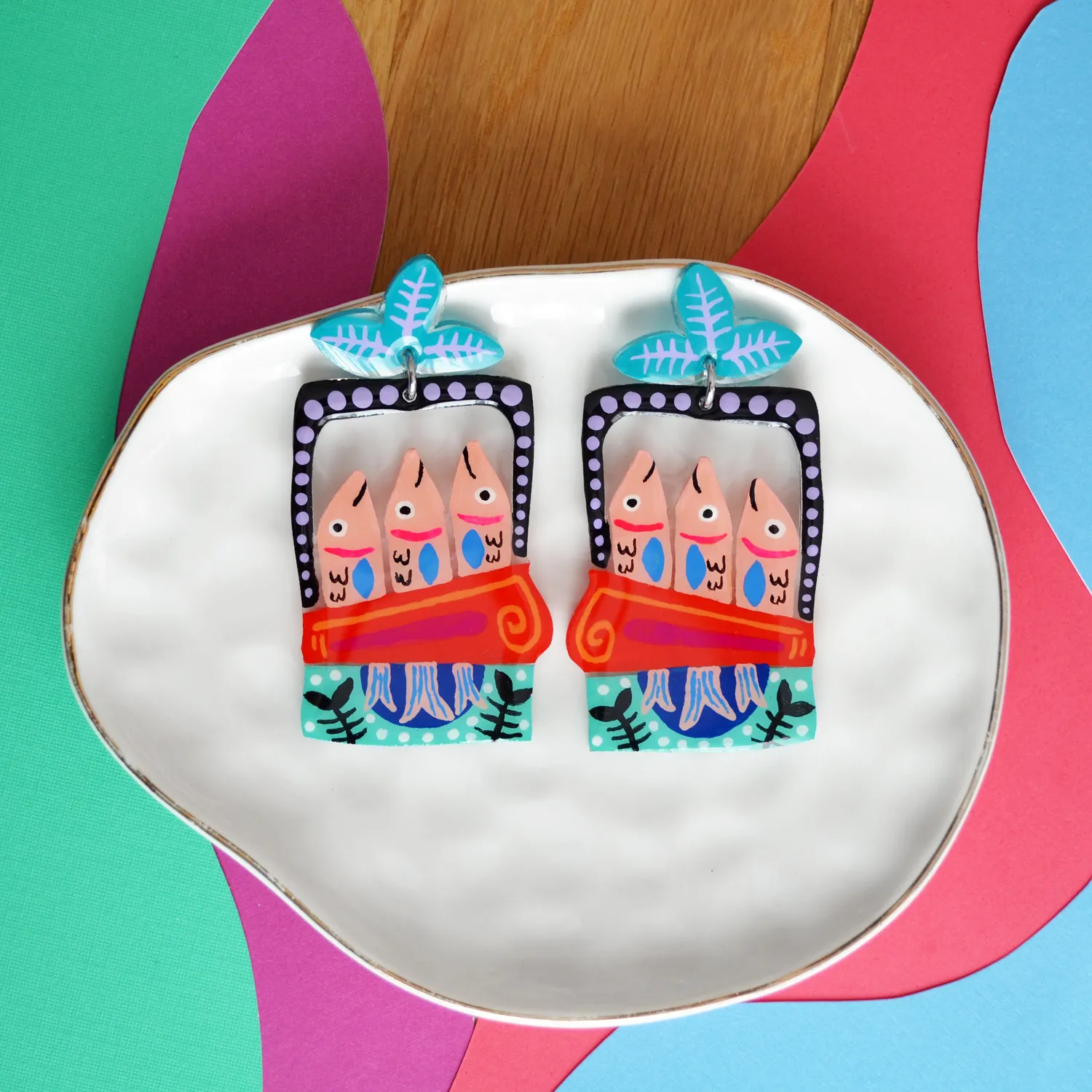 BooandBooFactory Sardine Tin øredobber fisk turkis rød