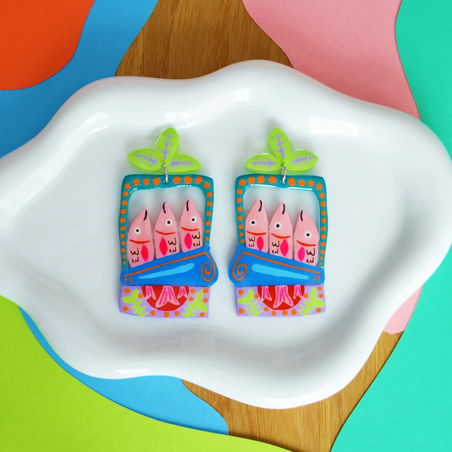 BooandBooFactory Pink Sardine Tin Fish øredobber blå grønn