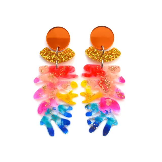 BooandBooFactory Rainbow Seaweed Leaf øredobber regnbue glitter