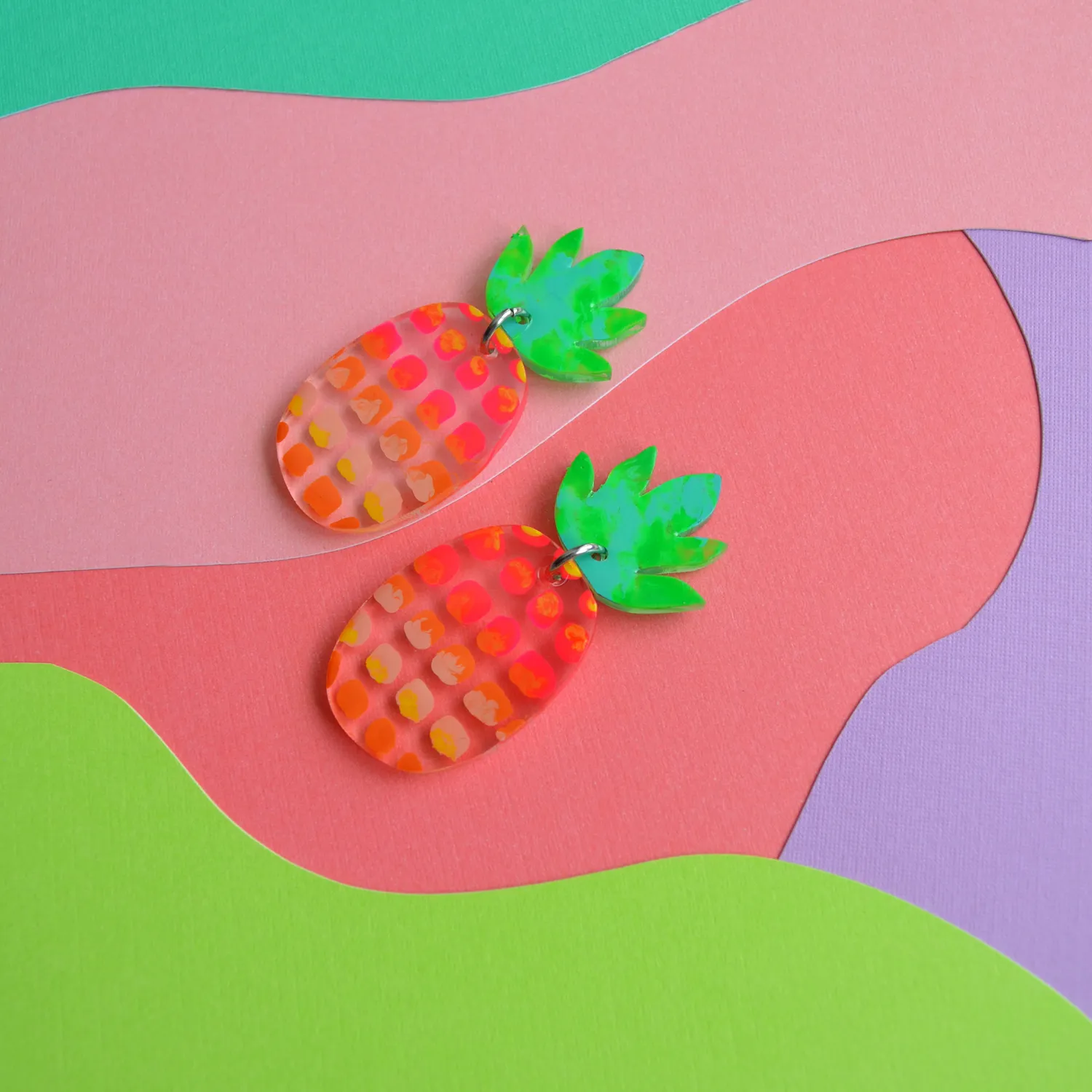 BooandBooFactory Pineapple øredobber rosa grønn akryl