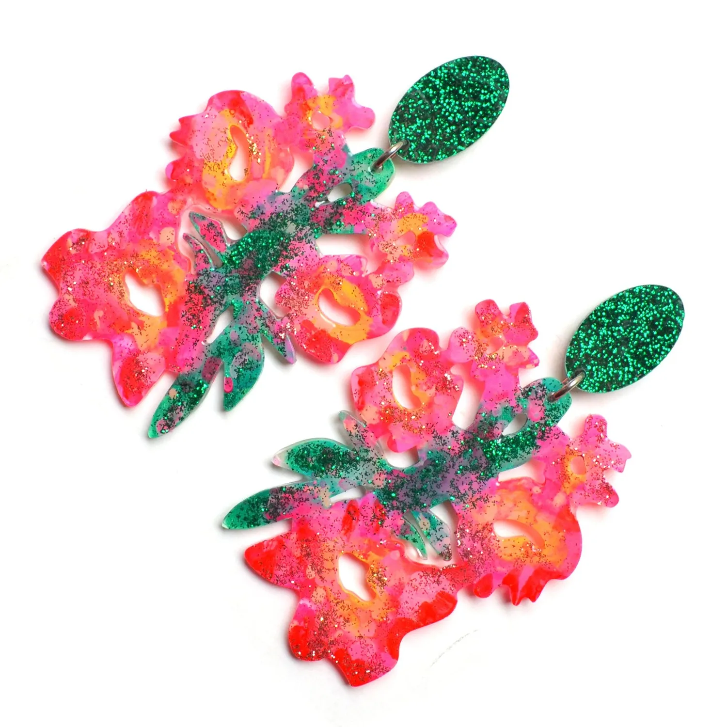 BooandBooFactory Pink Green Flower statement øredobber