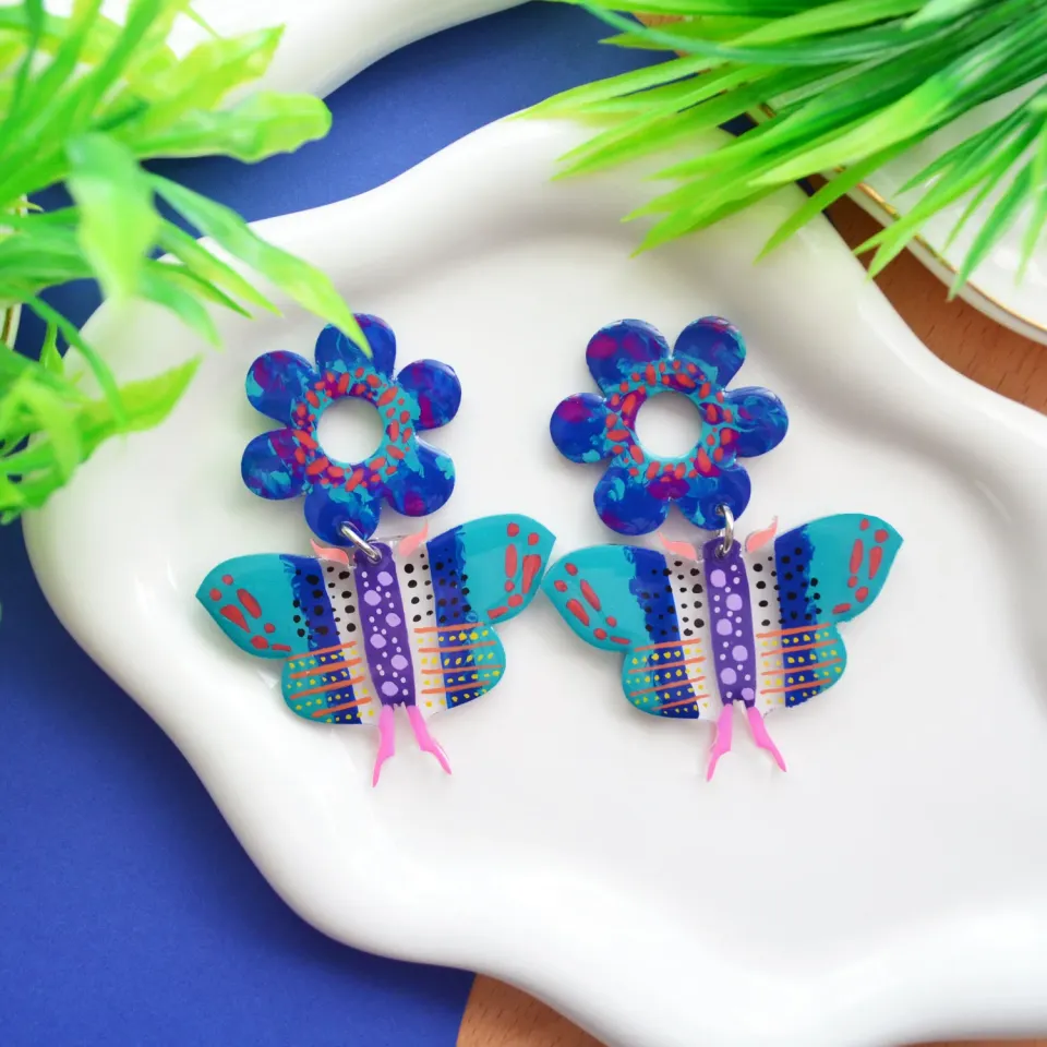 BooandBooFactory Blue Butterfly Flower øredobber resin