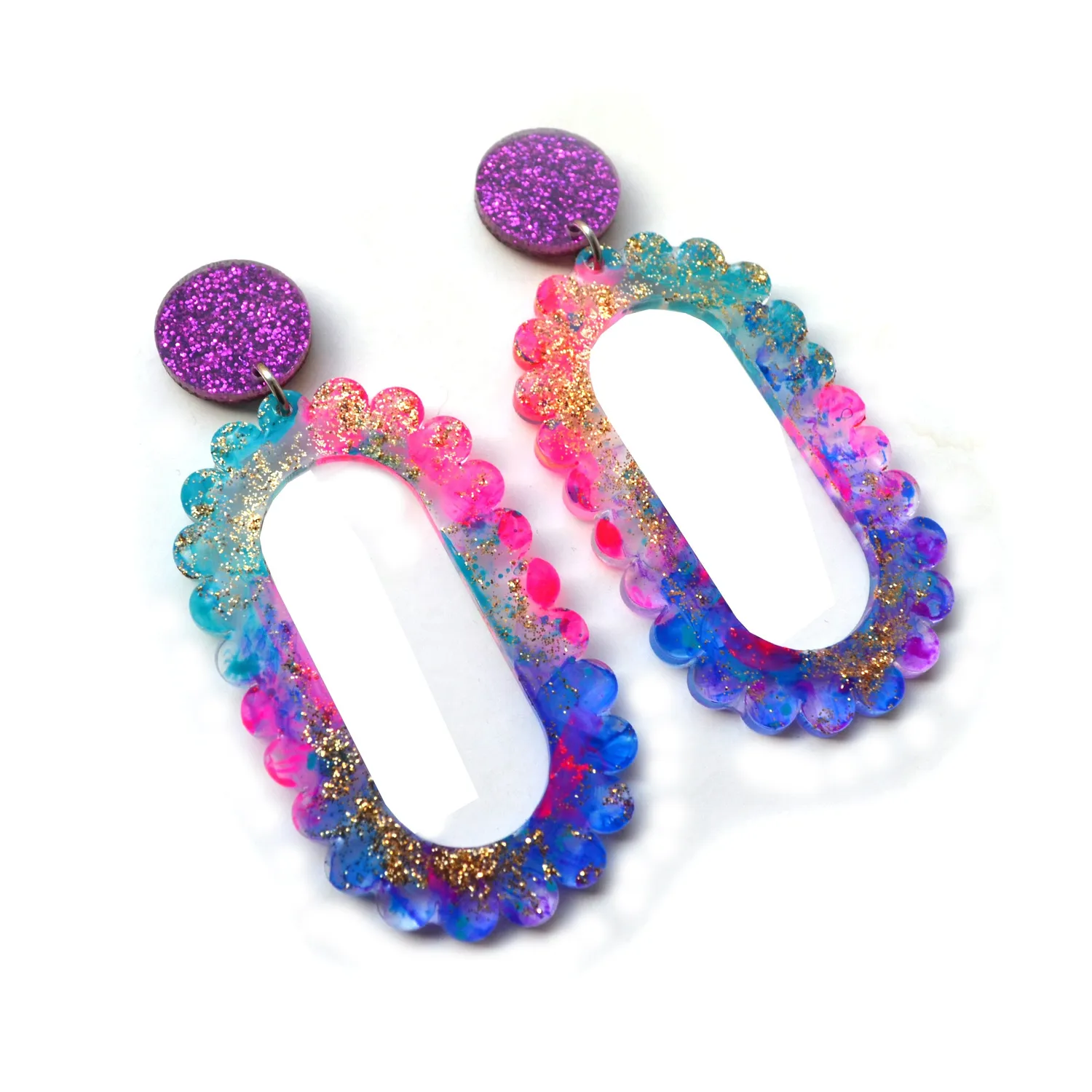 BooandBooFactory Pink Glitter Drop Scalloped Hoop øredobber