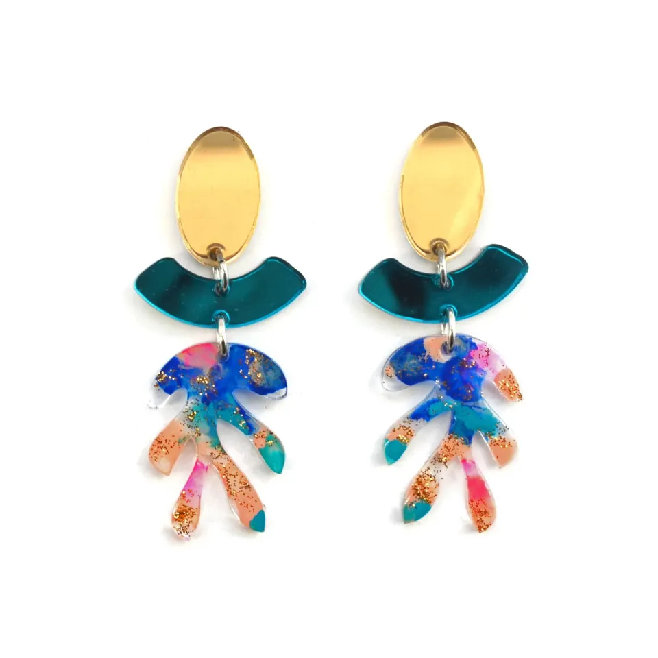 BooandBooFactory Blue Gold Glitter Leaf øredobber 70 mm