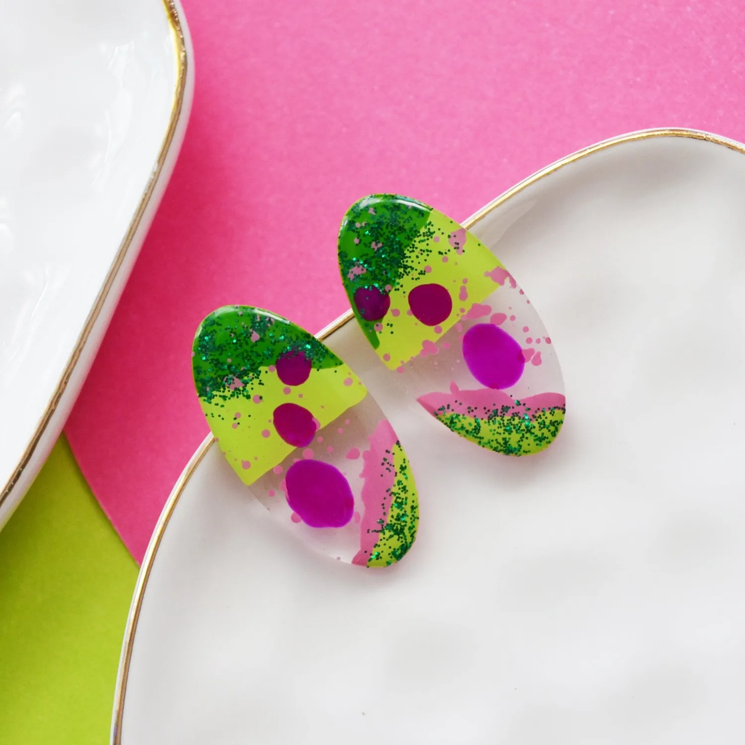 BooandBooFactory Glitter Oval studs rosa grønn