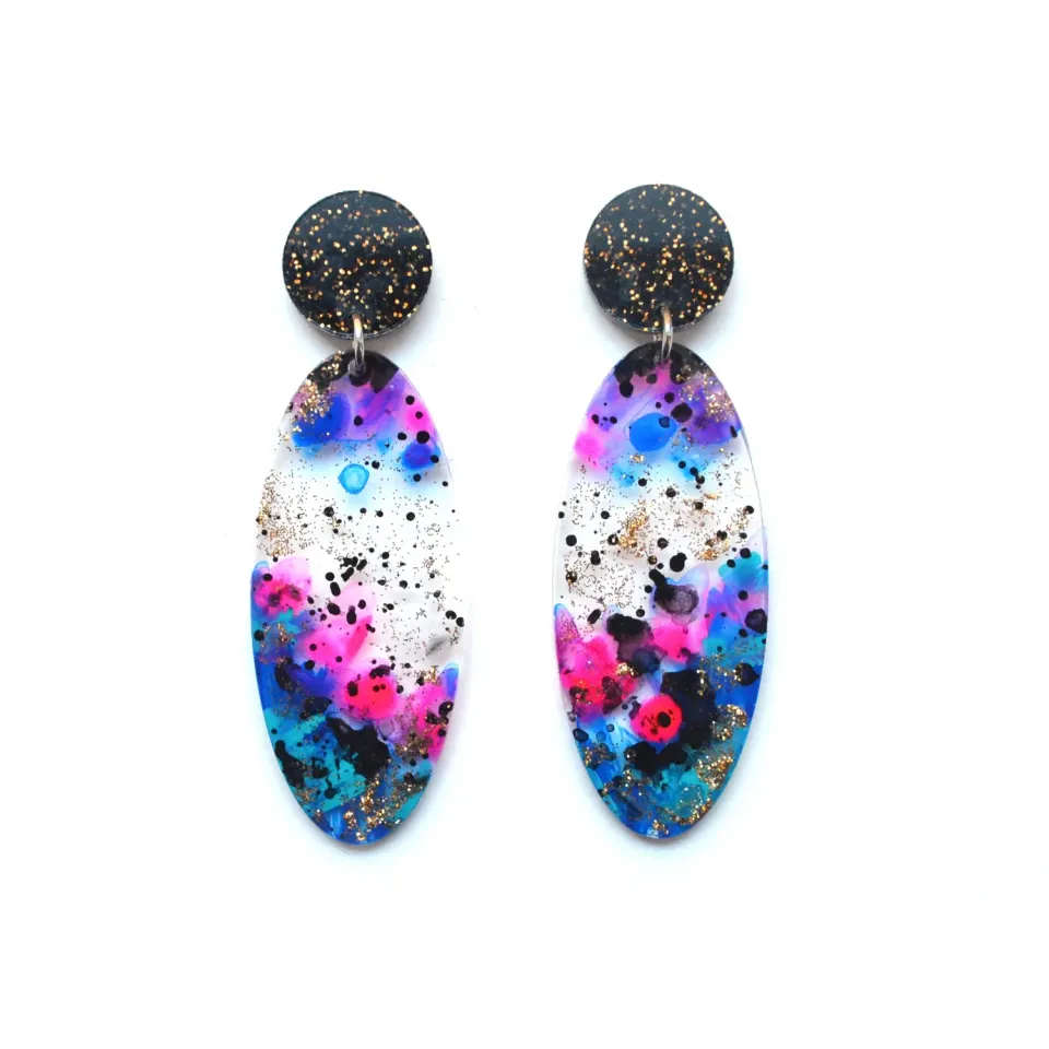 BooandBooFactory Space Oval Drop øredobber svart glitter