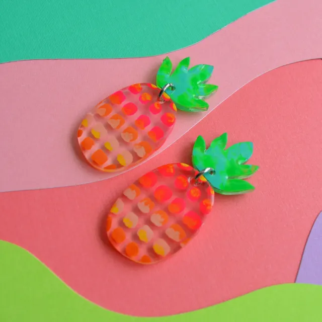 BooandBooFactory Pineapple øredobber rosa grønn akryl