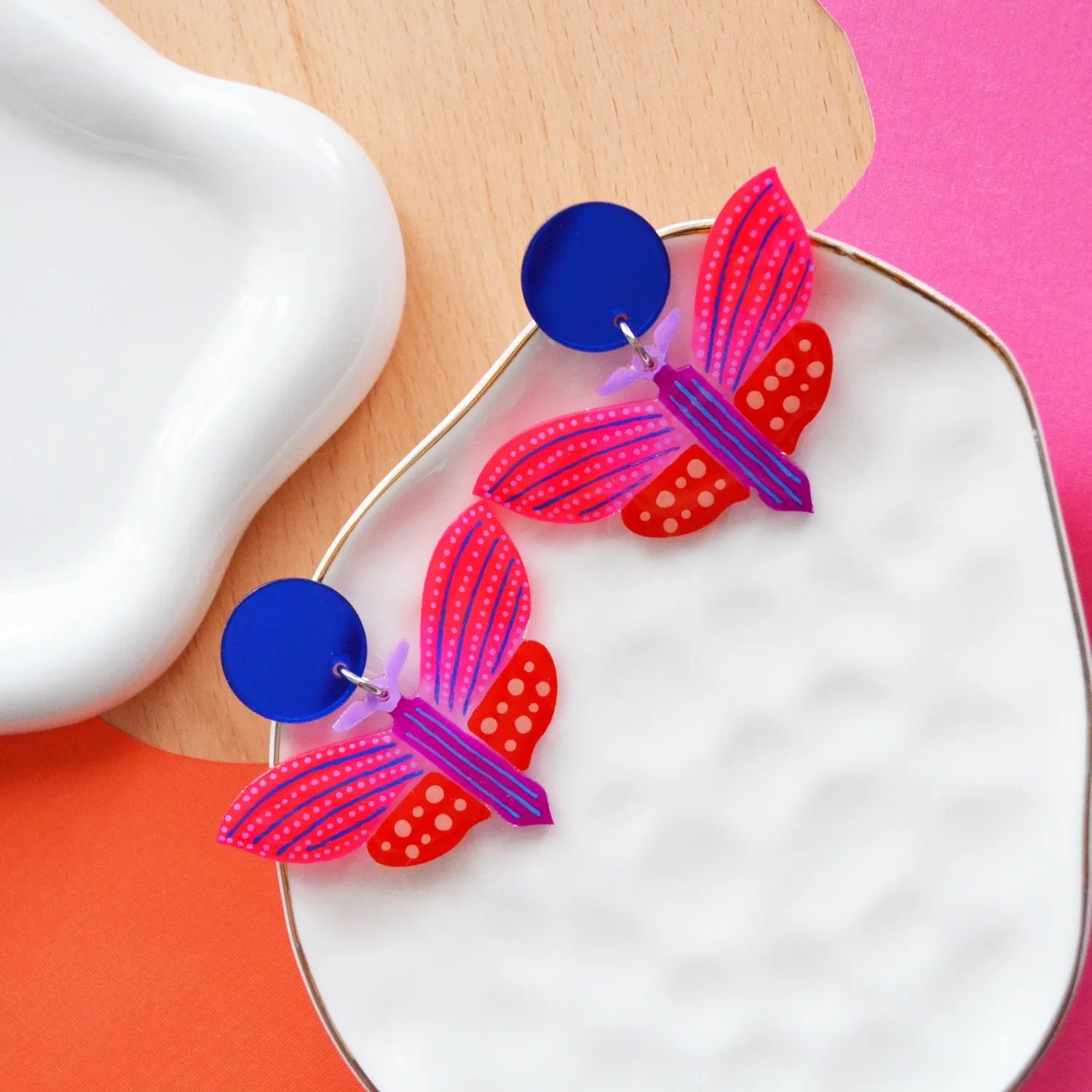 BooandBooFactory Butterfly øredobber lilla rød geometrisk