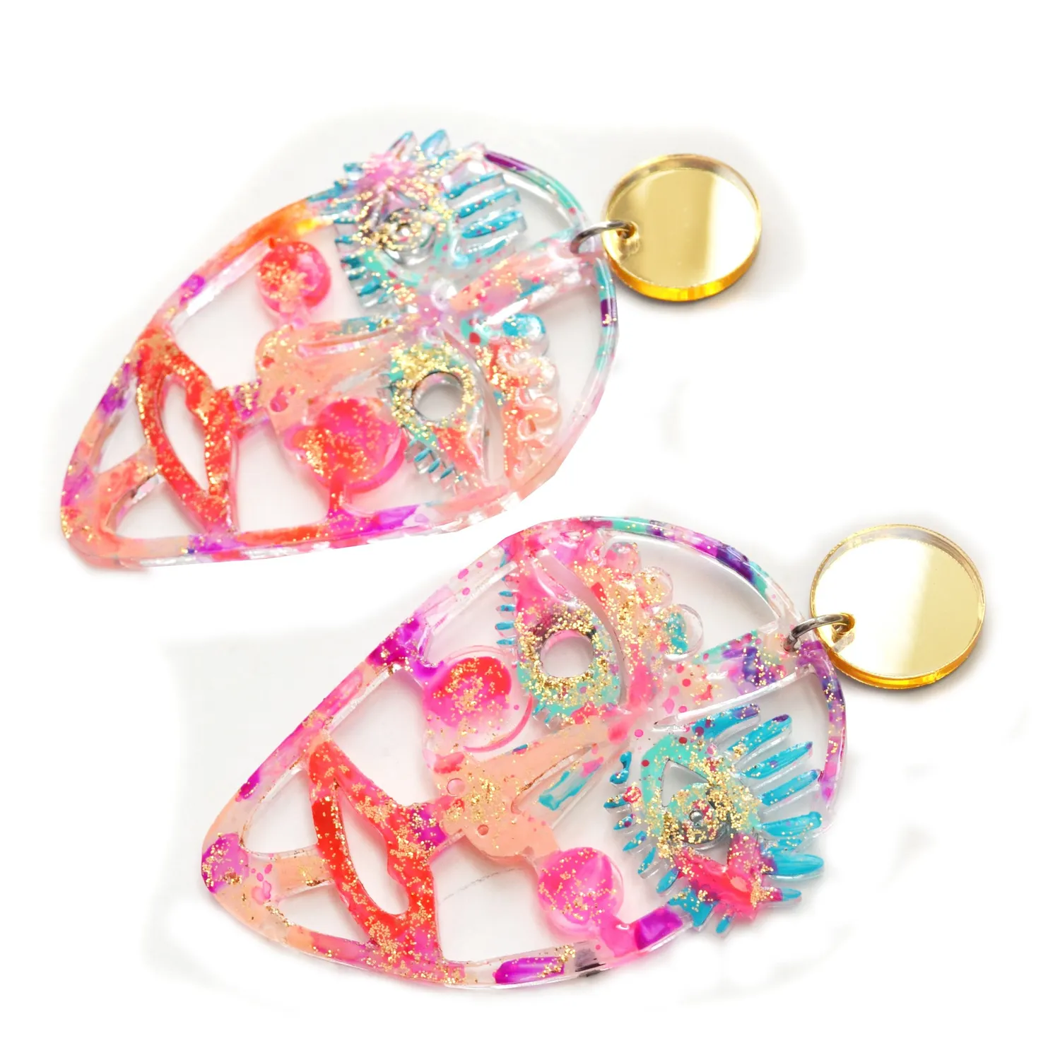 BooandBooFactory Gold Hot Pink Face øredobber 1 par abstrakt