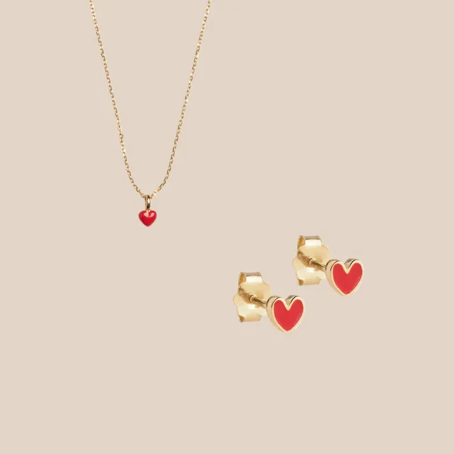 Enamel Amore Red smykkesett hjerte rødt gull