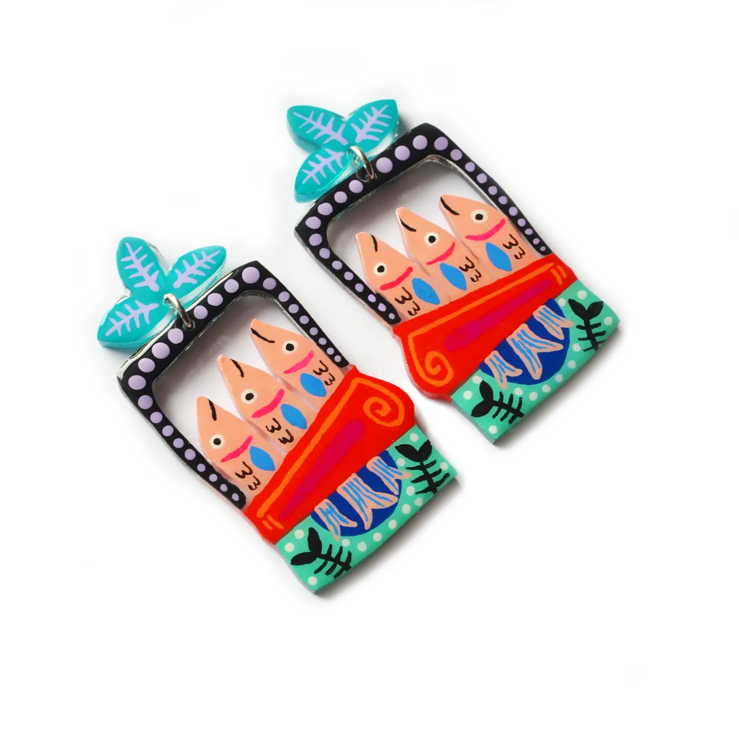 BooandBooFactory Sardine Tin øredobber fisk turkis rød