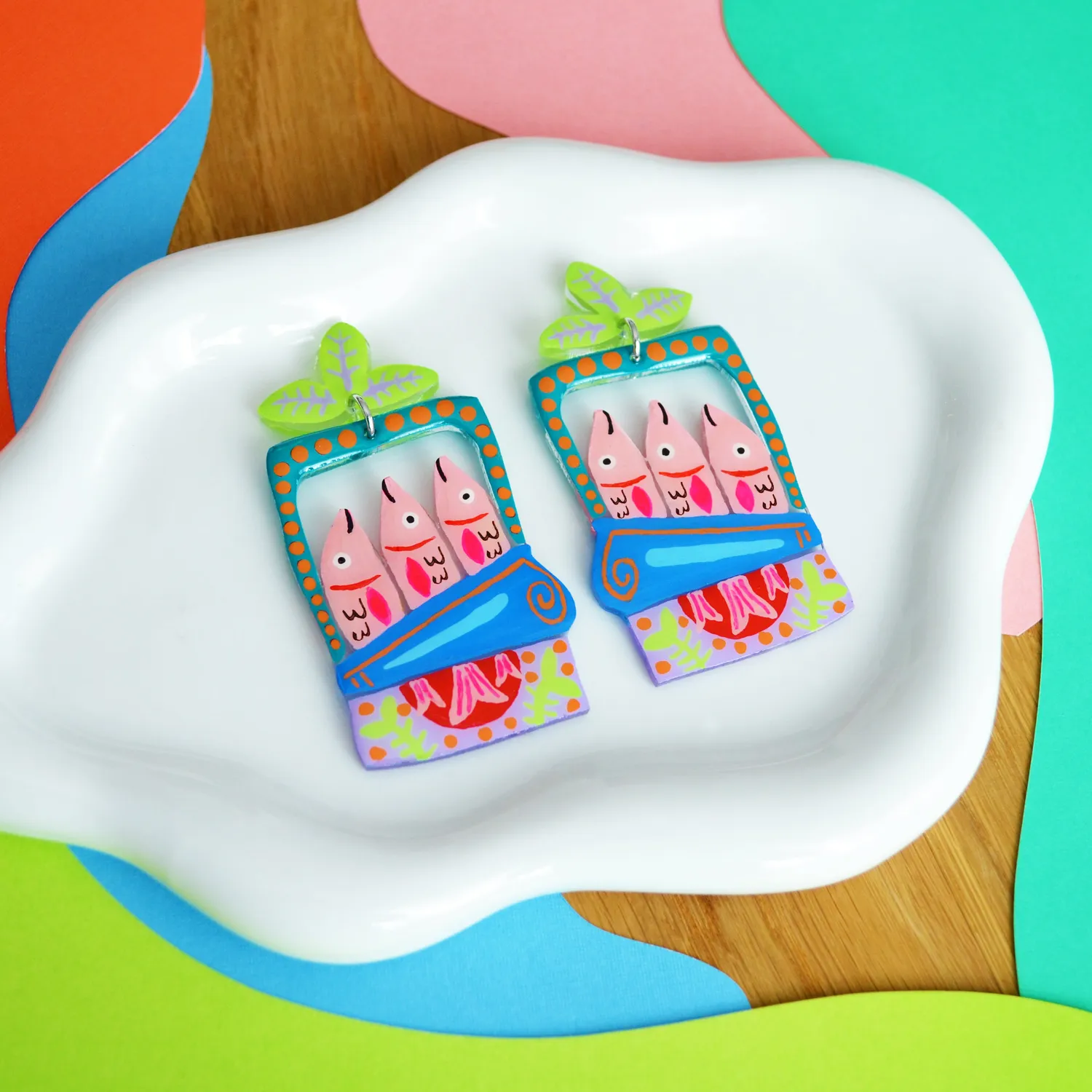BooandBooFactory Pink Sardine Tin Fish øredobber blå grønn