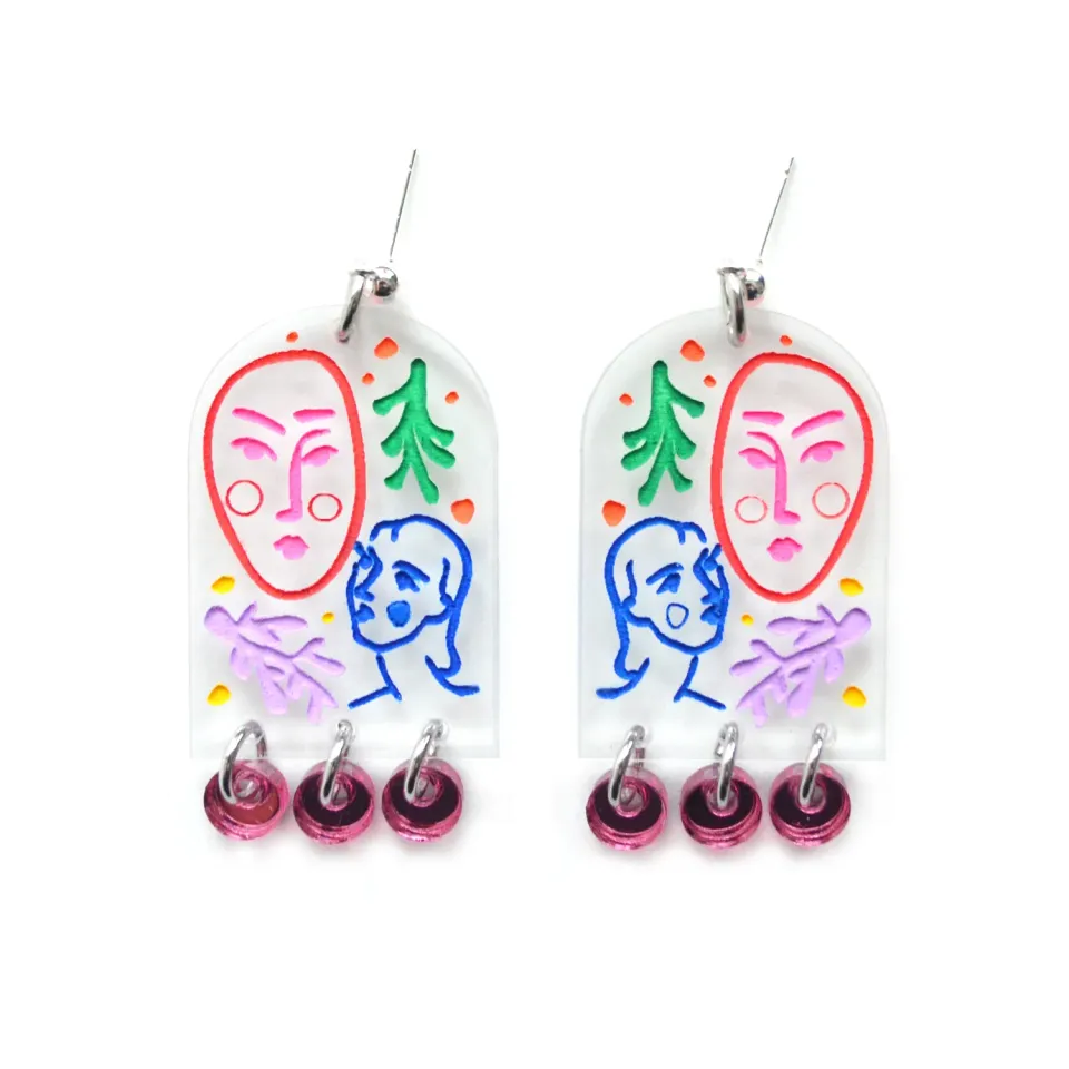 BooandBooFactory Clear Arch with Laser Cut Faces dangle-øredobber